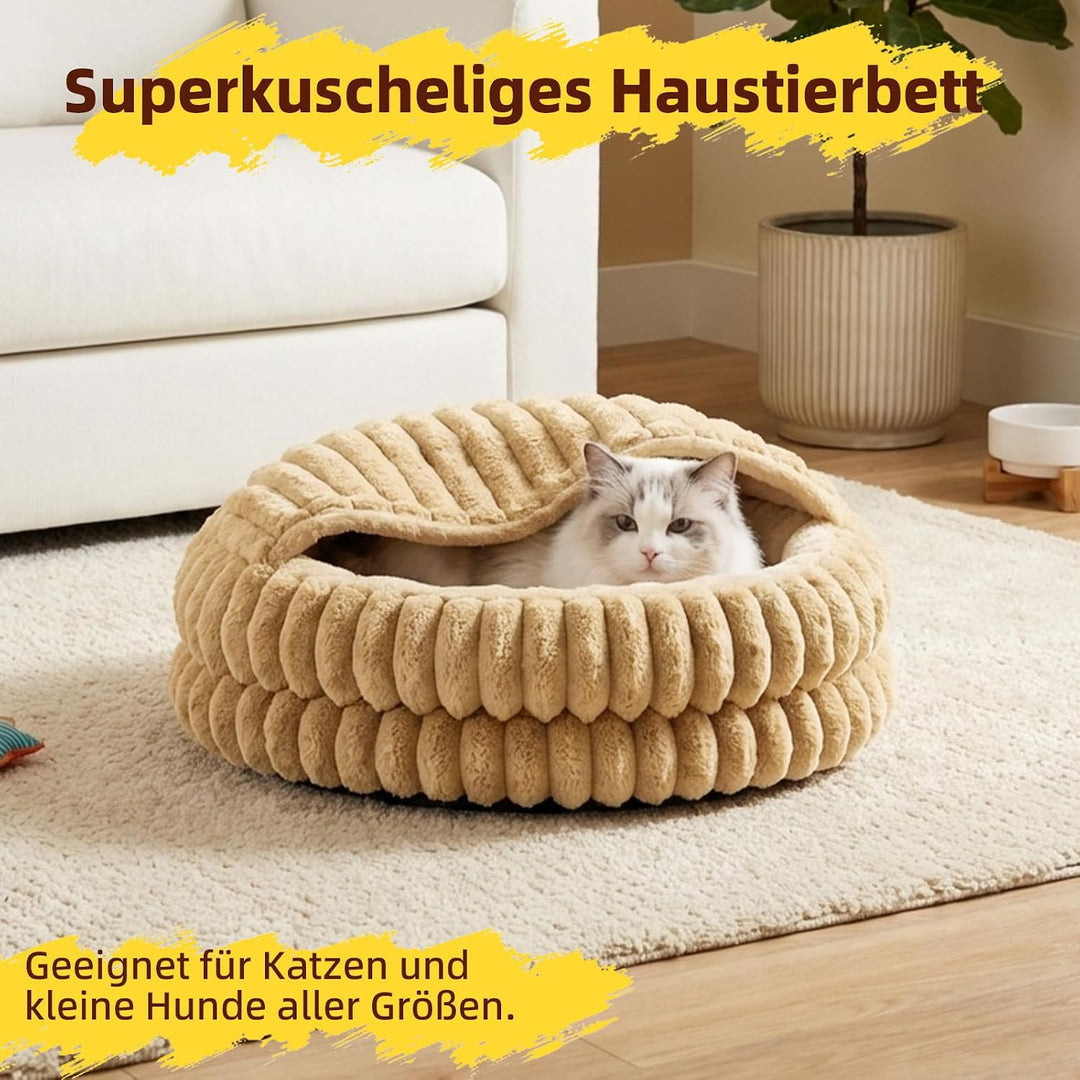 Katzenbett mit Deckel, Waschbare Katzenhöhle mit Kissen, Weiches Katzenhaus 50x50x15 cm (Braun), Bra