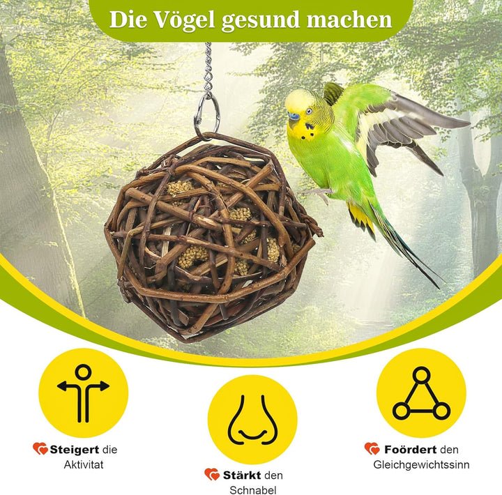3 Stück Kolbenhirse gefüllte Weidenkugel-für Vögel zum Kauen und Klettern – handgefertigt – Vogelkau
