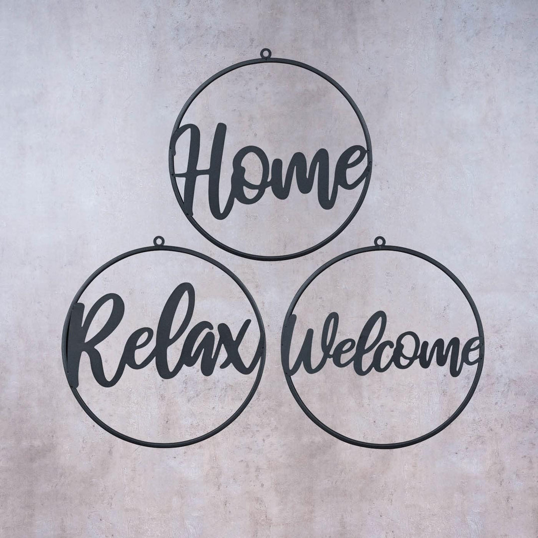 3er Set Metallbild Ø38cm Schwarz Welcome Home Relax Wandbild Rund Schild Wanddeko Metallschild Varia