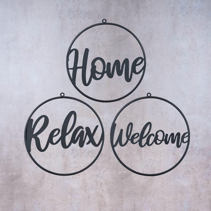 3er Set Metallbild Ø38cm Schwarz Welcome Home Relax Wandbild Rund Schild Wanddeko Metallschild Varia