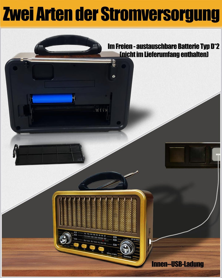 Retro Radio mit Bluetooth, AM/SW/FM Tragbares Radio Klein, UKW Radio Batteriebetrieben Unterstützung