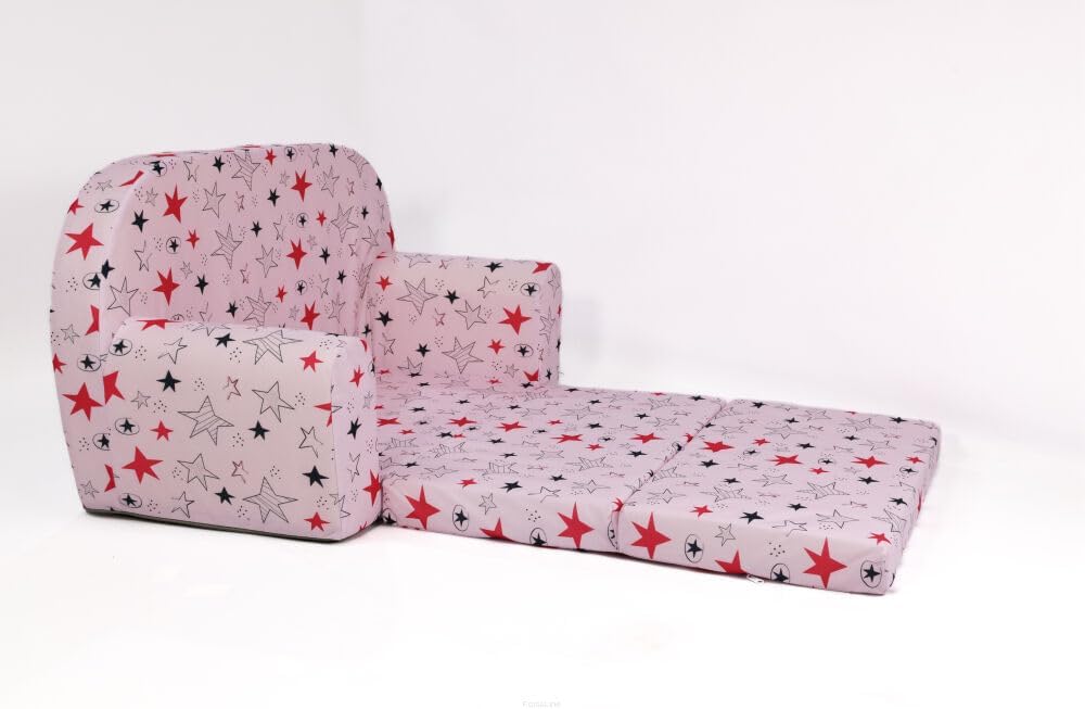FORTISLINE Kindersofa Mini zum Aufklappen Viele Muster W386 (Rosa Sterne Grau/Pink)