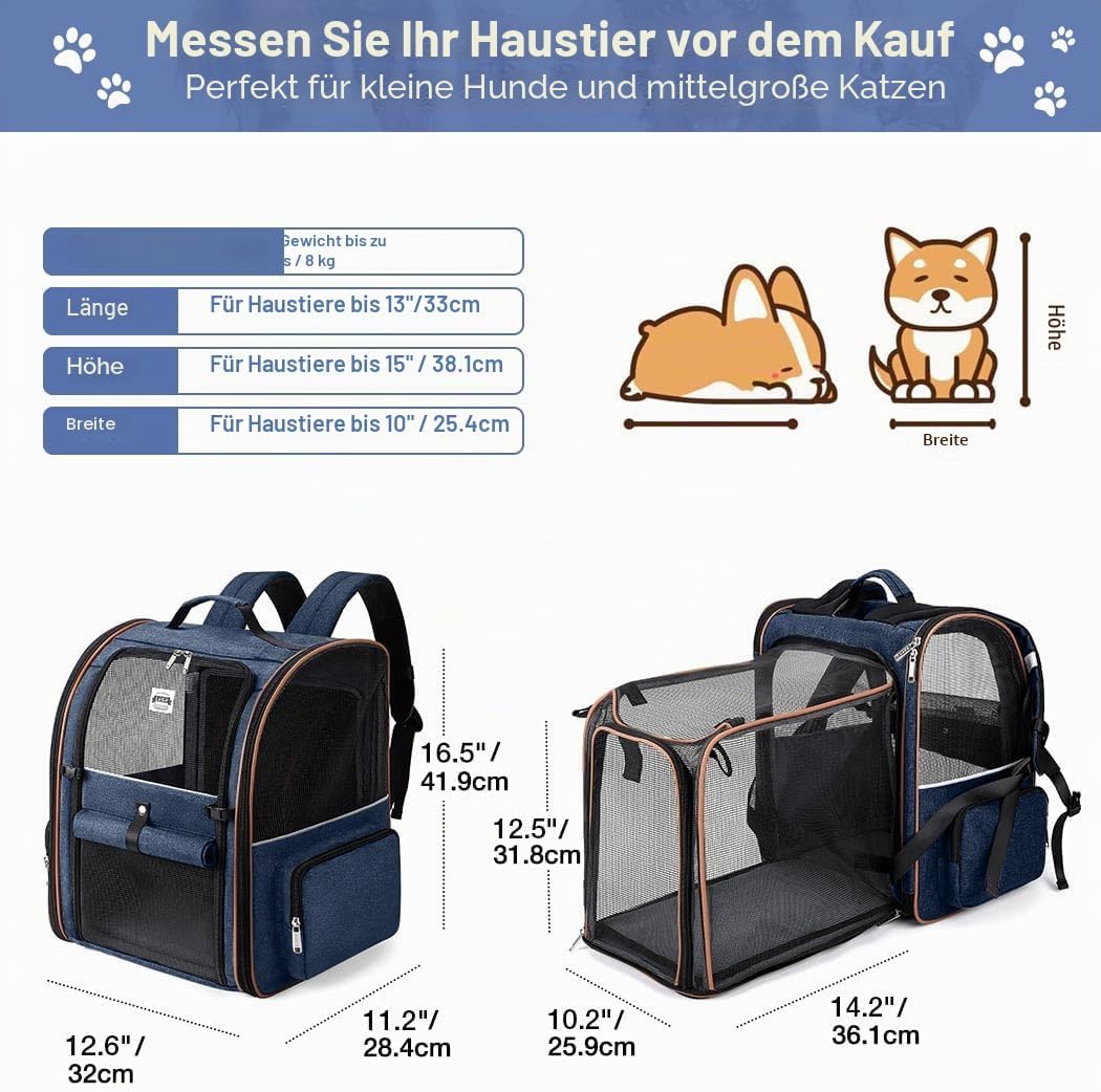 Lekespring Erweiterbar Katzenrucksack Hunderucksack für Katzen Hunde bis 8kg, Gross Katzen Rucksack