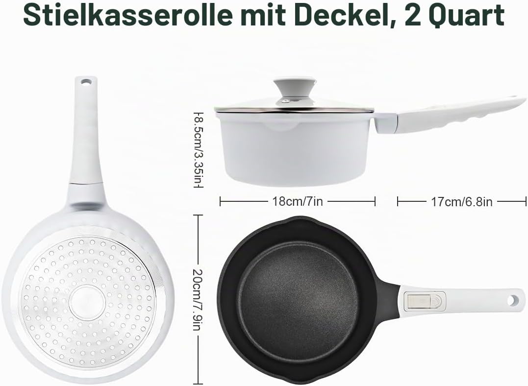 Kasserolle 18cm mit Deckel, 2L Antihaft-Stielkasserolle mit Abnehmbarer Griff, Milchtopf Geeignet fü