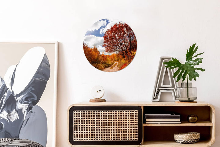 MuchoWow Wandbild Rund Wanddeko Deko Wohnzimmer Bilder 30x30 cm Baum - Weg - Herbst, 30x30 cm