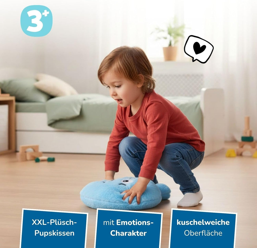 alldoro 60291-3 XXL Plüsch Furzkissen Bibber, Blau, Ø 20,5 cm, Pupskissen mit Sound, Emotionen spiel