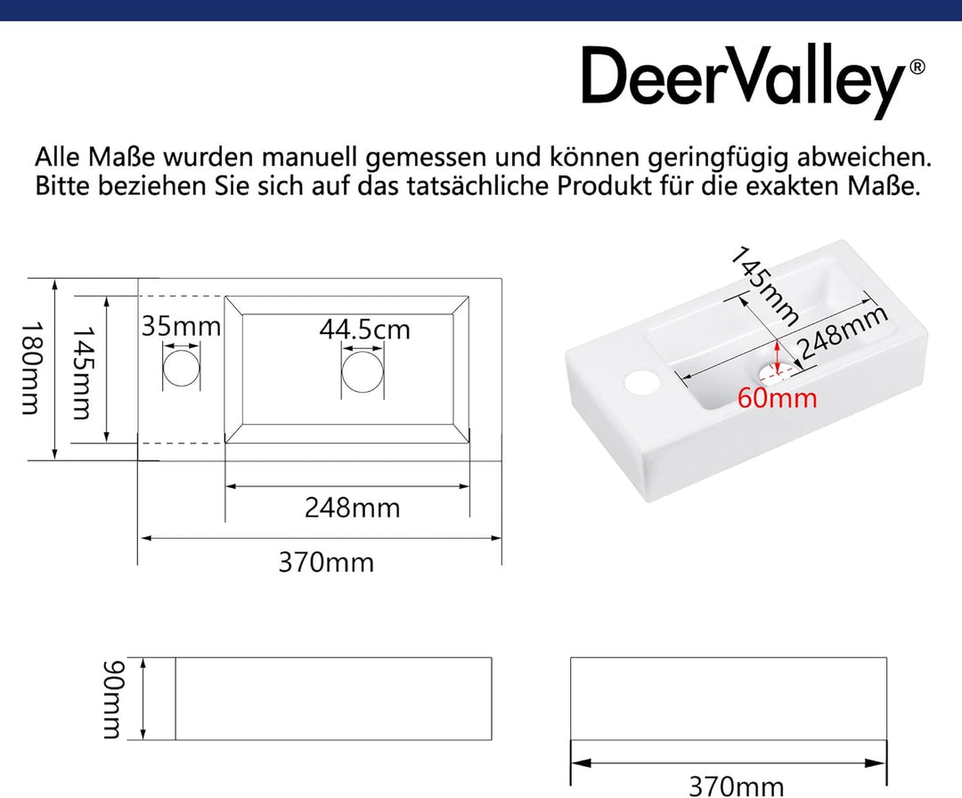 DeerValley DV-1V081R Badezimmerwaschbecken aus Keramik zur Wandmontage, Kleines Badezimmer, Weisses