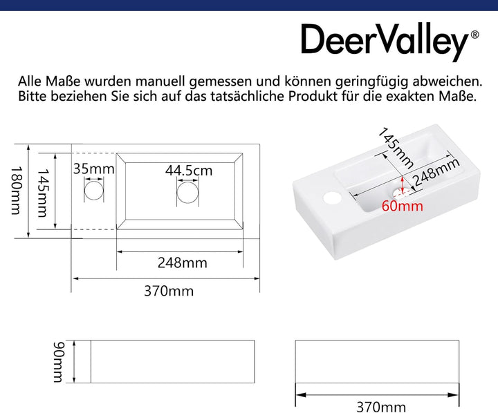 DeerValley DV-1V081R Badezimmerwaschbecken aus Keramik zur Wandmontage, Kleines Badezimmer, Weisses