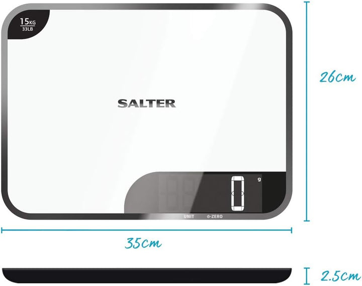 Salter Digitale Küchenwaage – LED-Display, leicht lesbar, Doppelfunktion, extra grosse Hochglanzplat
