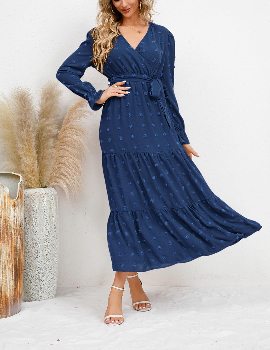 QUNERY Kleid Langarm Damen V Ausschnitt Tunika Kleid Elegant Swiss Dot Freizeitkleider Herbst Winter