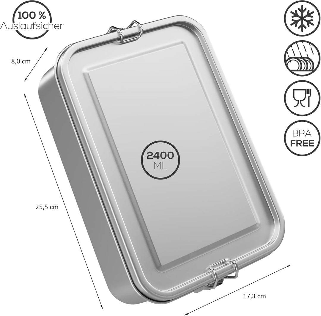WELLGRO Edelstahl Dosen eckig - 550ml 850ml 1400ml 2400ml auslaufsicher Metall Brotdose Lunchbox, Ka