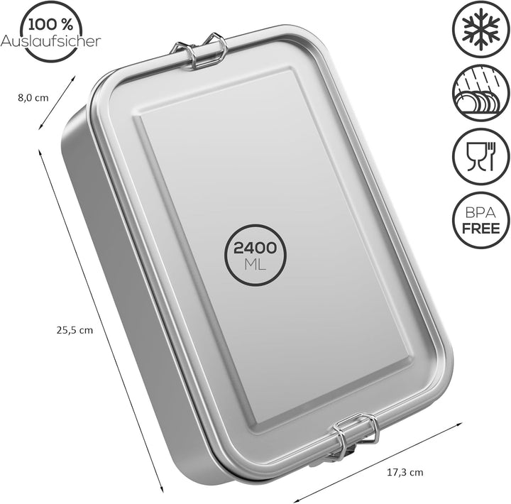 WELLGRO Edelstahl Dosen eckig - 550ml 850ml 1400ml 2400ml auslaufsicher Metall Brotdose Lunchbox, Ka