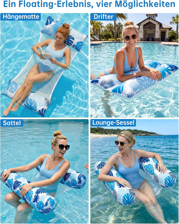 2 Stück Luftmatratze Pool XL - 4 in 1 Wasserhängematte mit Kopfstütze - Aufblasbare Luftmatratze Was