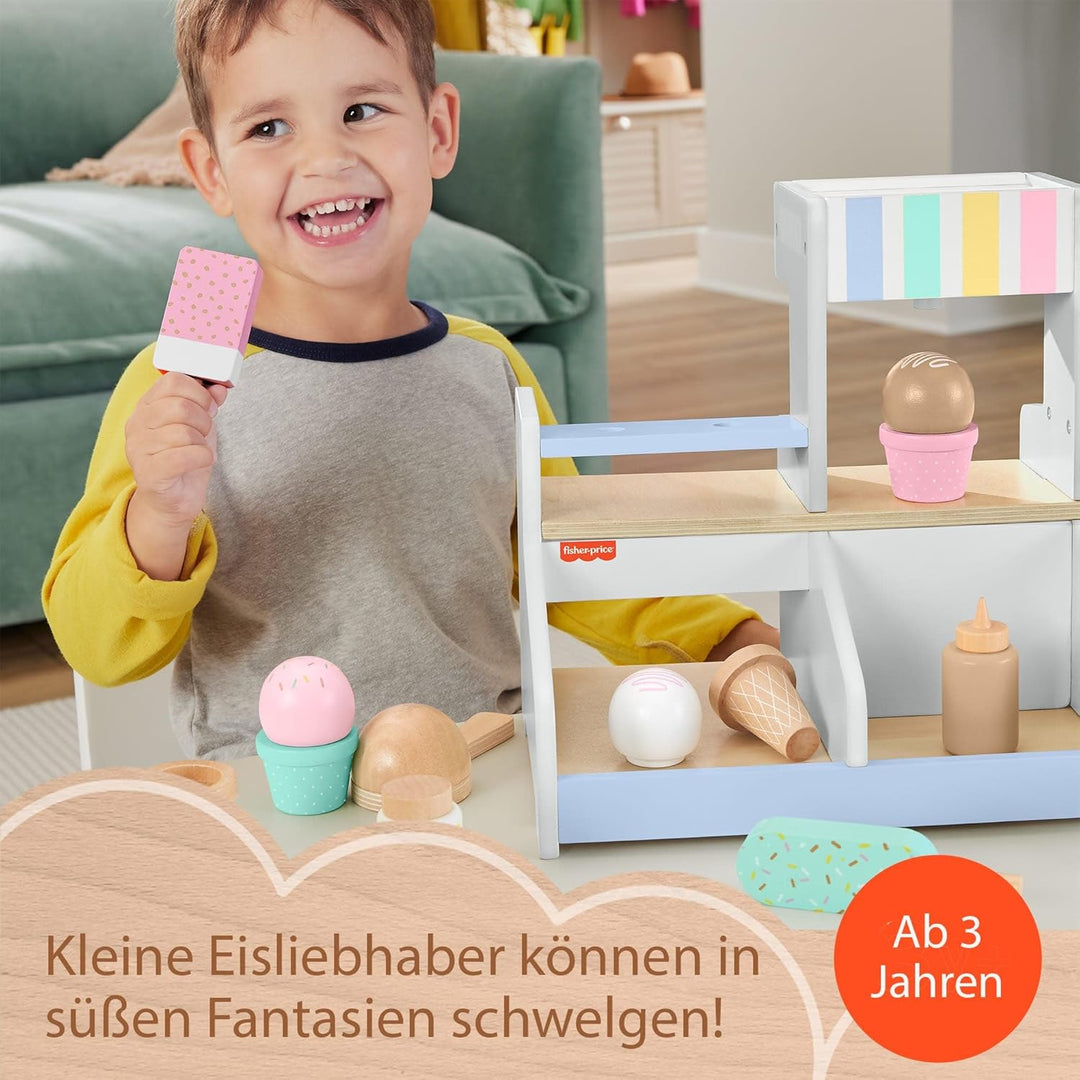 Fisher-Price Eisdielen-Spielset für Kindergartenkinder aus Holz, 18 Holzteile für Rollenspiele ab 3