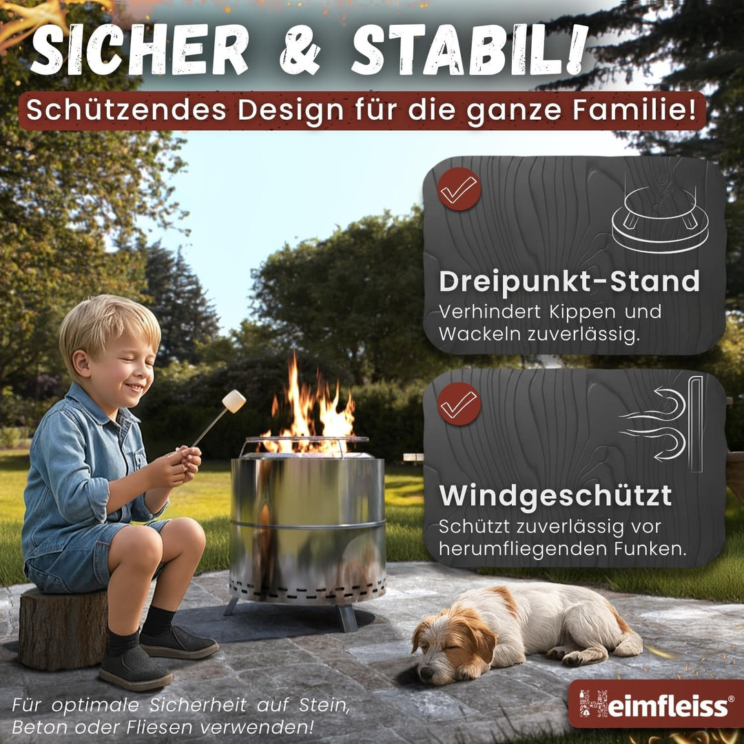 Heimfleiss® Rauchfreie Feuerschale Edelstahl Ø50cm | Feuerkorb mit Grillrost | Feuerschale Rauchfrei