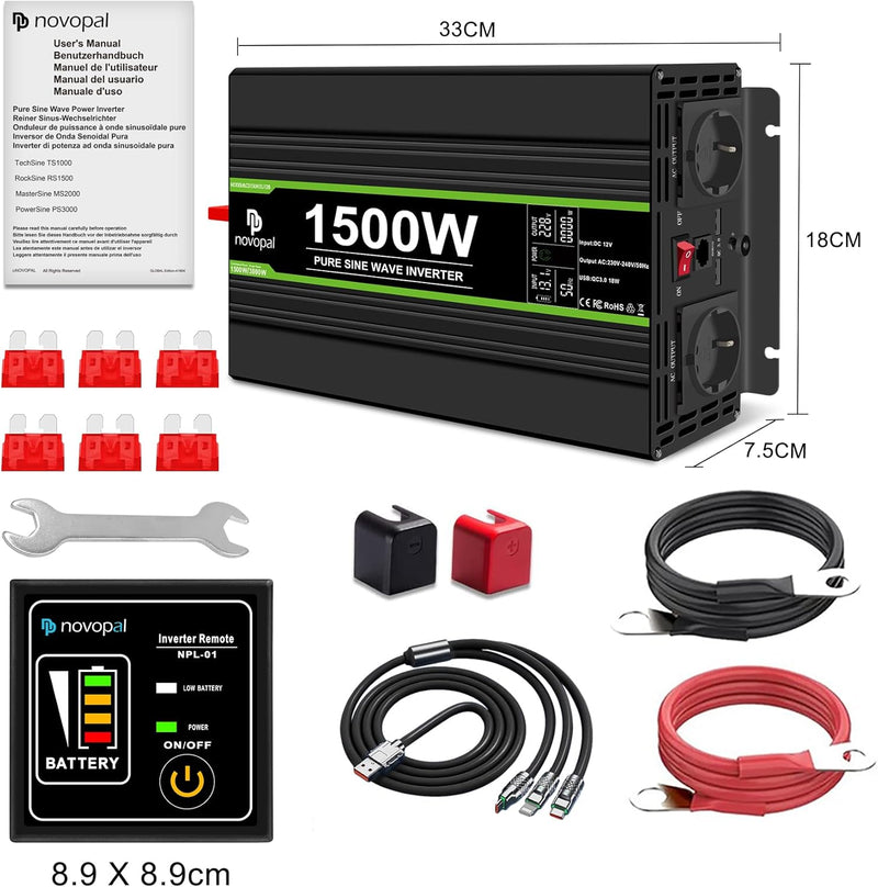 NOVOPAL 1500W Wechselrichter 12V auf 230V Reiner Sinus Spannungswandler mit LCD Display Fehlercodes