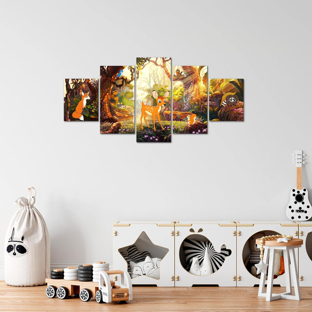Runa Art Wandbilder Kinderzimmer Wald 5 Teilig Bild auf Vlies Leinwand Deko Babyzimmer Spielzimmer W