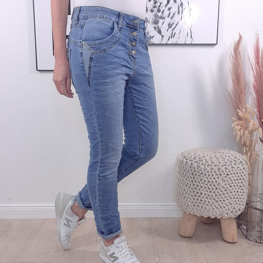 Karostar Damen Boyfriend Stretch Jeans mit offener Knopfleiste M Denim Special Pocket, M Denim Speci