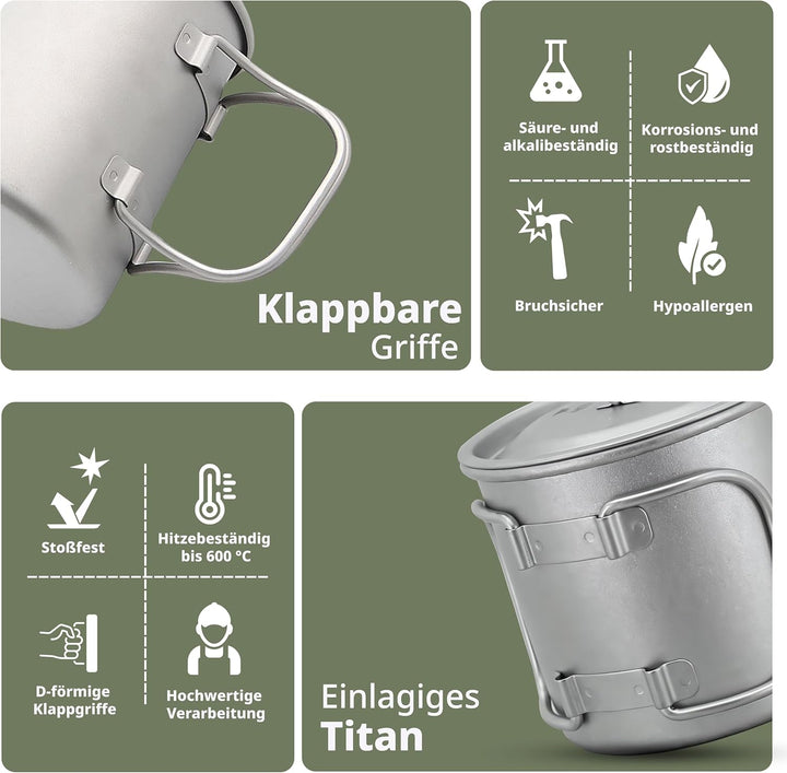 Keith Titanium Einwandiger Titanbecher, Tragbarer Kaffeebecher mit Deckel & klappbarem Henkel, Trink