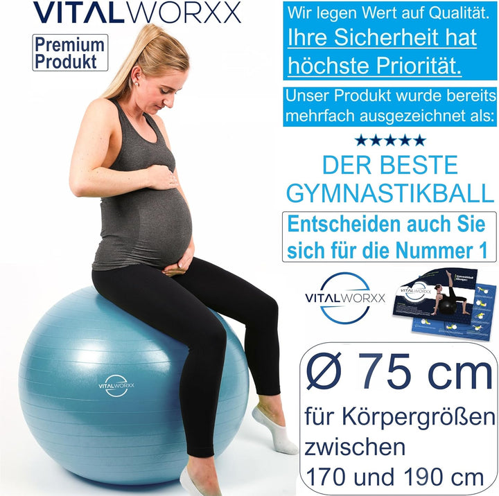 VITALWORXX Gymnastikball für Schwangere, extrem stabil, Sitzball Yogaball Pezziball mit Pumpe, mit Ü