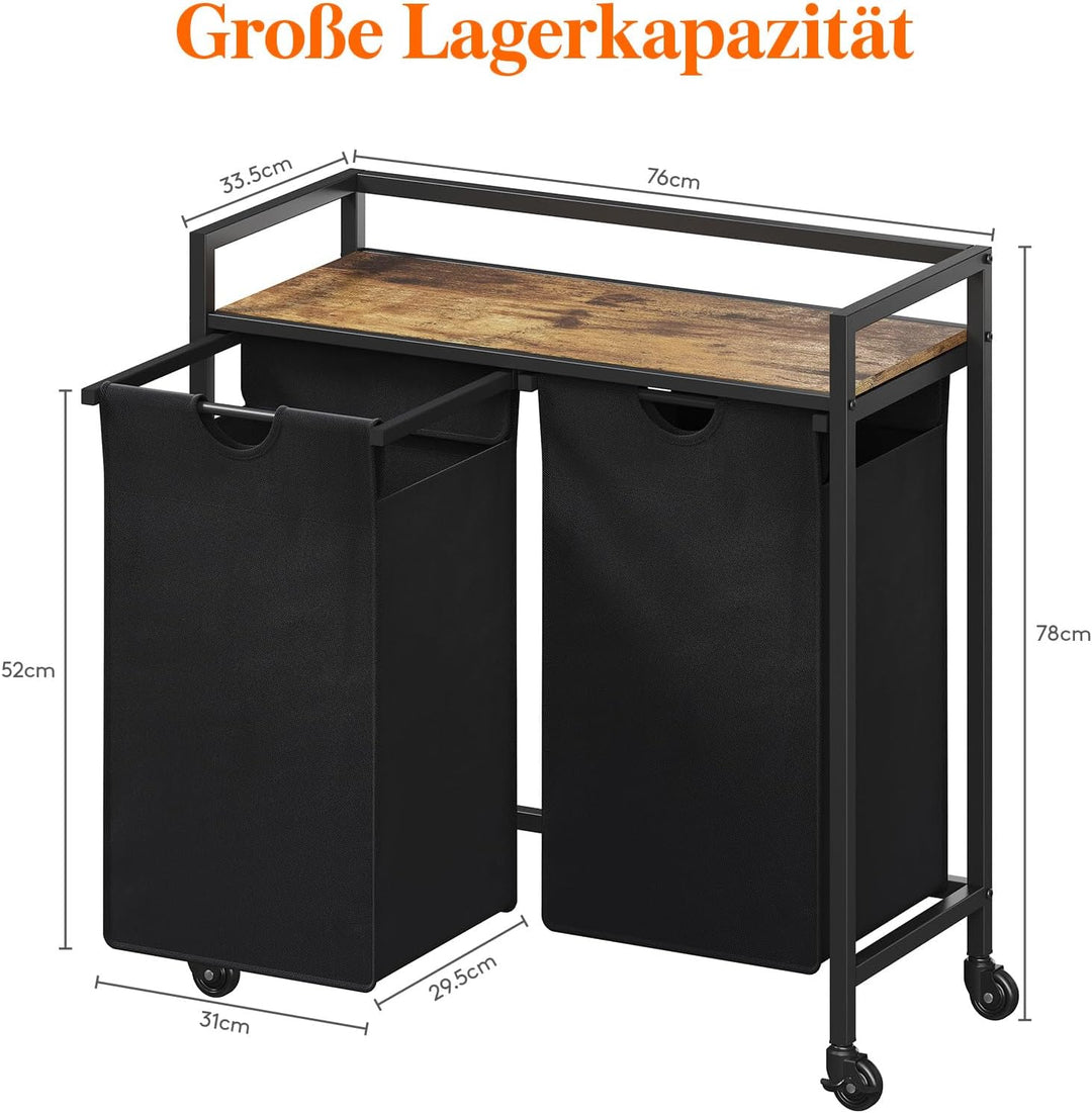 Lifewit Rollbarer Wäschekorb, 95L 2 ausziehbare Wäschekörbe für Wäsche mit oberem Regal & 2 abnehmba