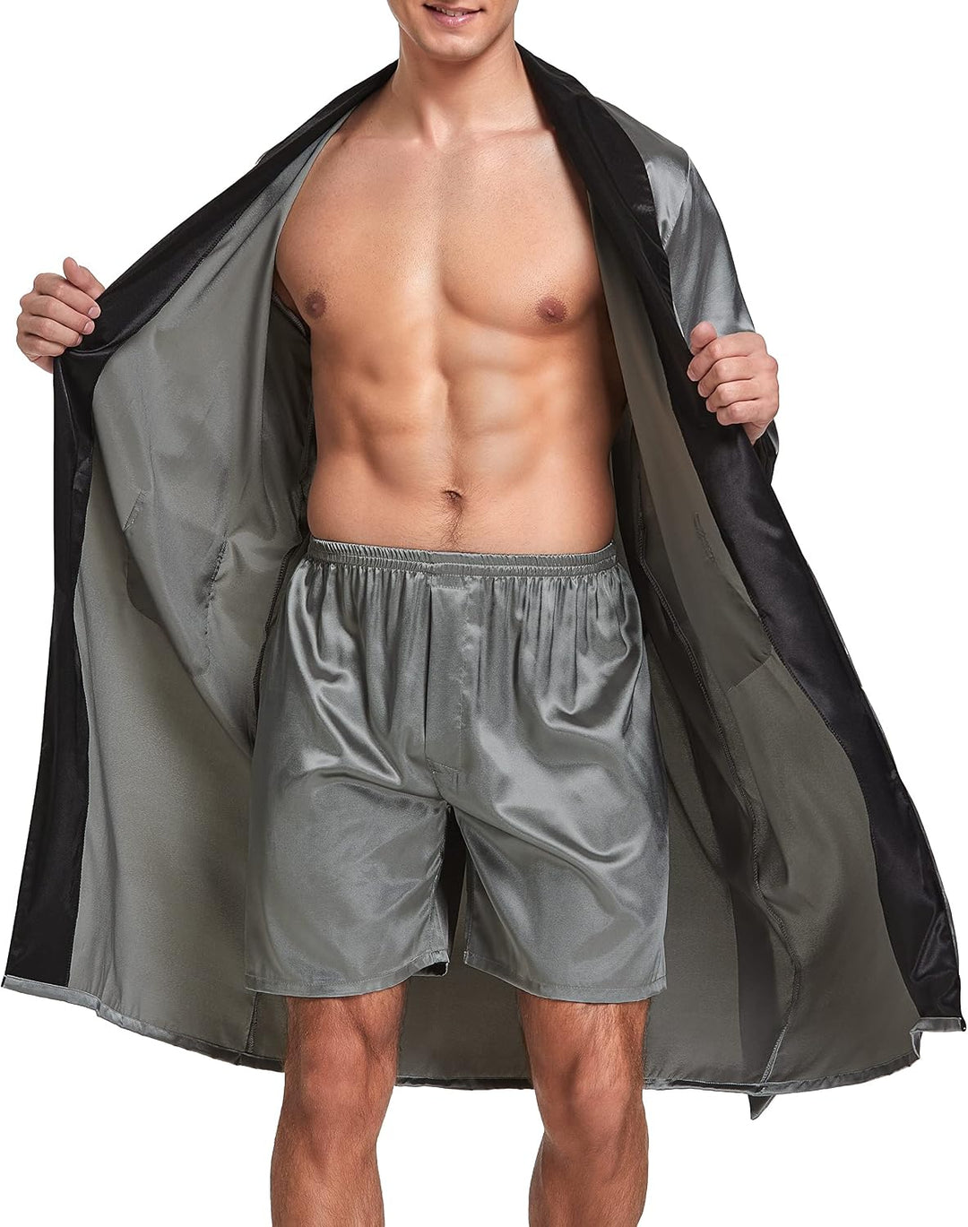 Herren Satin Bademantel, Leichter Seiden Langarm Bademantel mit Shorts Set, Spa Kimono Nachtwäsche X