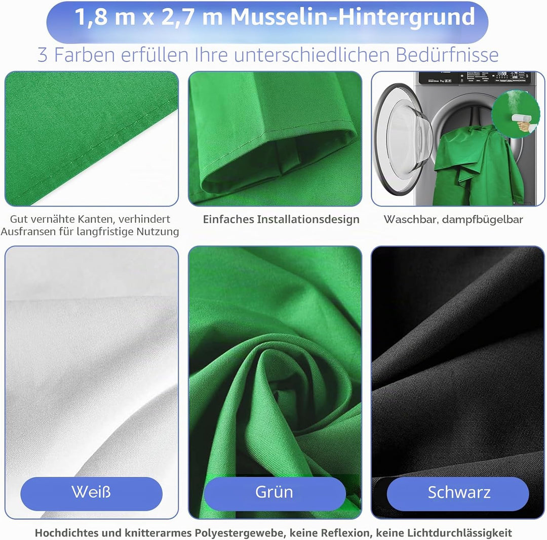 EMART Fotostudio Hintergrund Ständer Set mit Stoff, Hintergrundsystem 2m×3m mit Foto Hintergrund 1,8