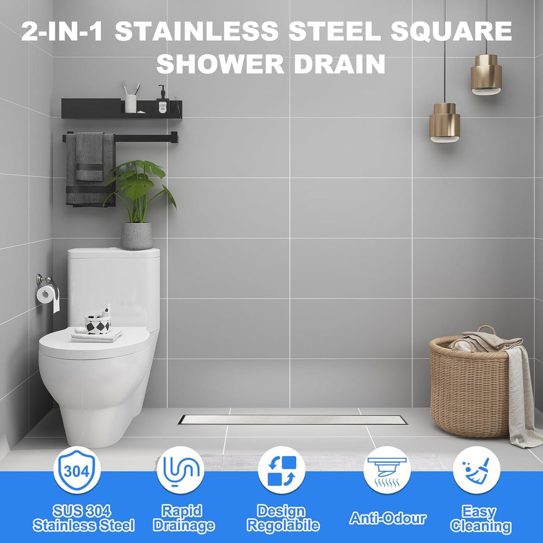 Gugxiom 60 cm Duschrinne, 304 Edelstahl Einsatz Ablaufrinne Dusche Set, 2 in 1 Panels, mit verstellb