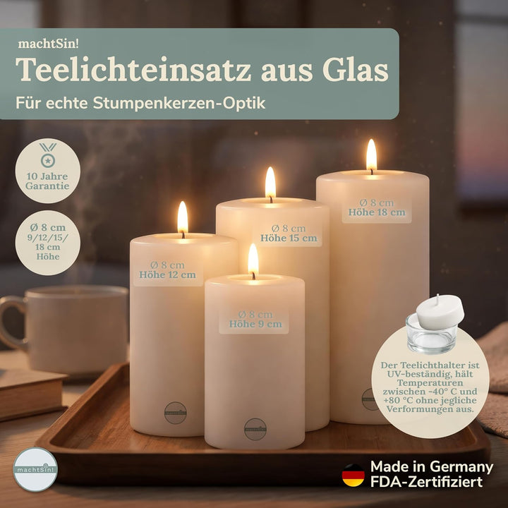 machtSin! Teelichthalter in Kerzenoptik warmweiss – ∅ 8cm, Höhe 9cm: Dauerkerze Stumpenkerzen aus sp