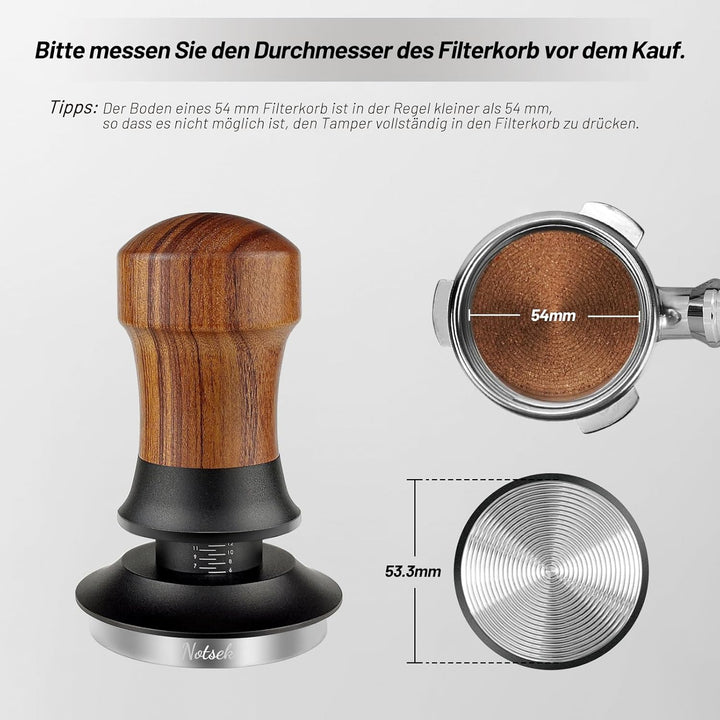 NOTSEK Tamper 54mm, Espresso tamper mit Ripple Base, Walnuss Kaffee Tamper mit 304 Edelstahl Base, K