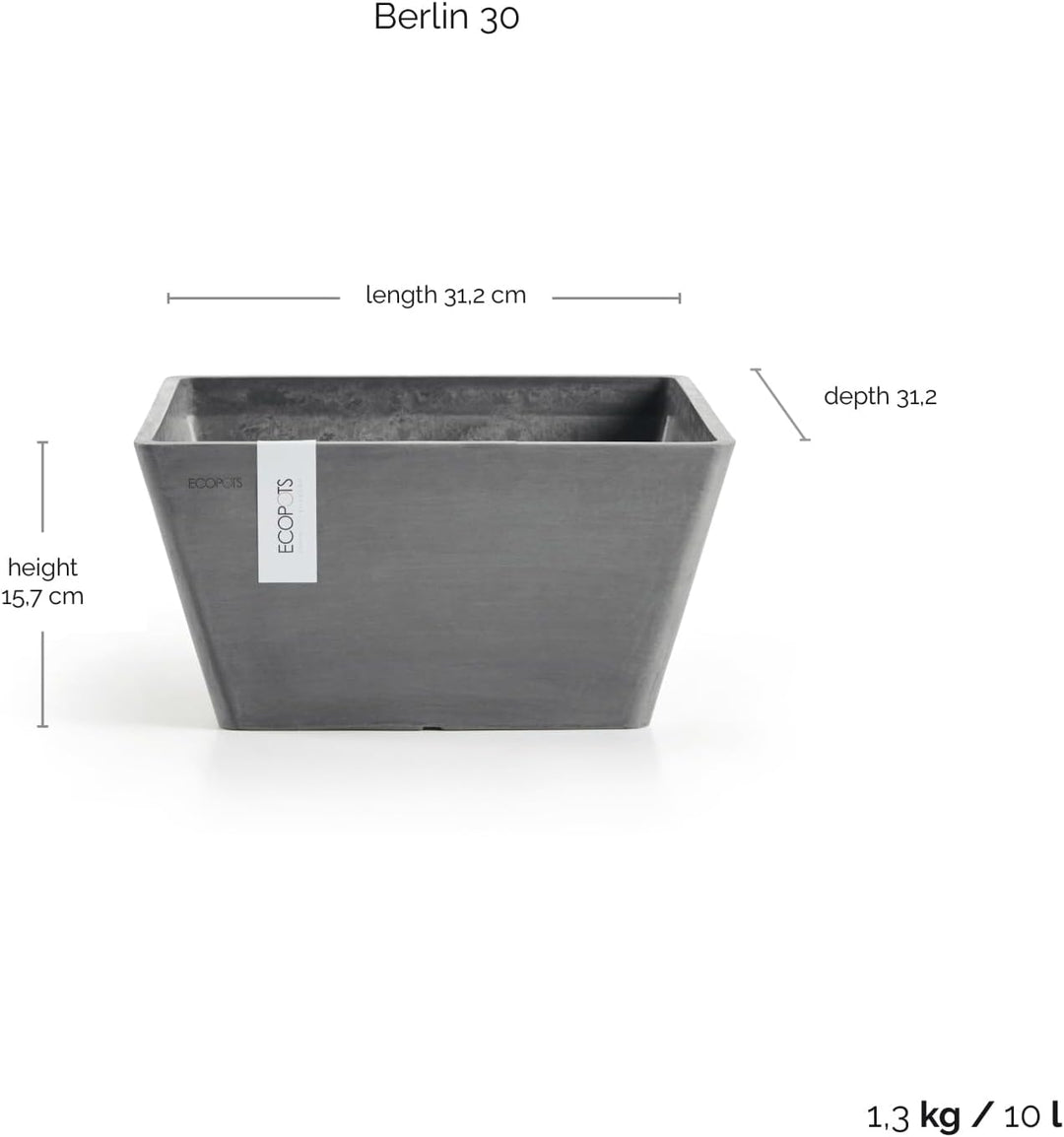 ECOPOTS Blumentopf Berlin Grau - 31 x 31 cm quadratisch - Pflanzentopf aus Recycling Kunststoff - Üb