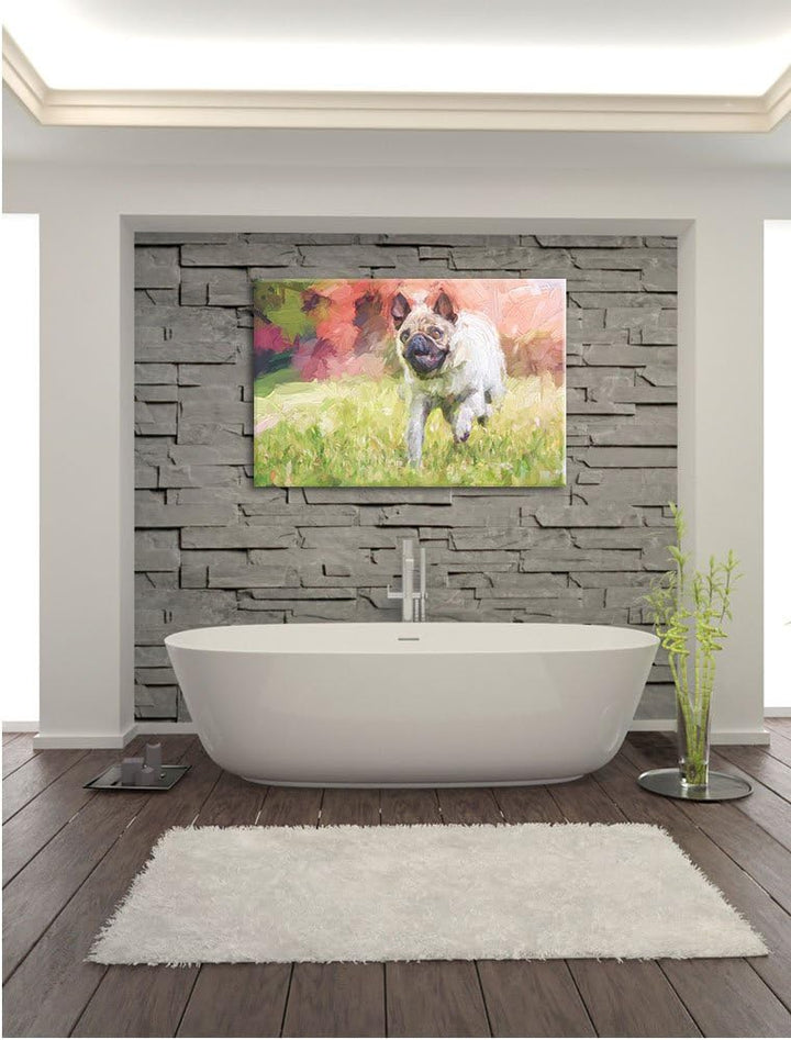 Pixxprint Rennender Mops Kunst / 100x70cm Leinwandbild bespannt auf Holzrahmen/Wandbild Kunstdruck D