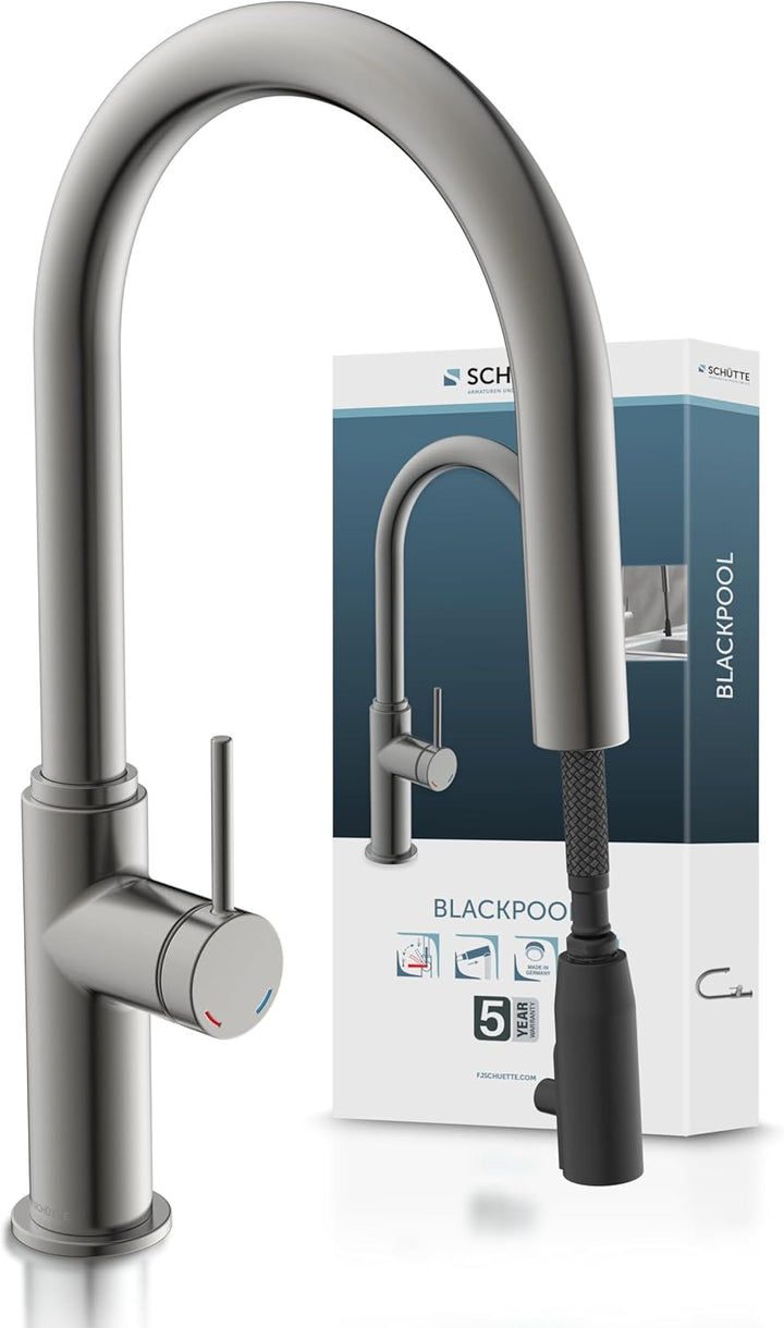 SCHÜTTE 79562 Blackpool Küchenarmatur mit ausziehbarer Geschirrbrause, 360 Grad Wasserhahn für die K