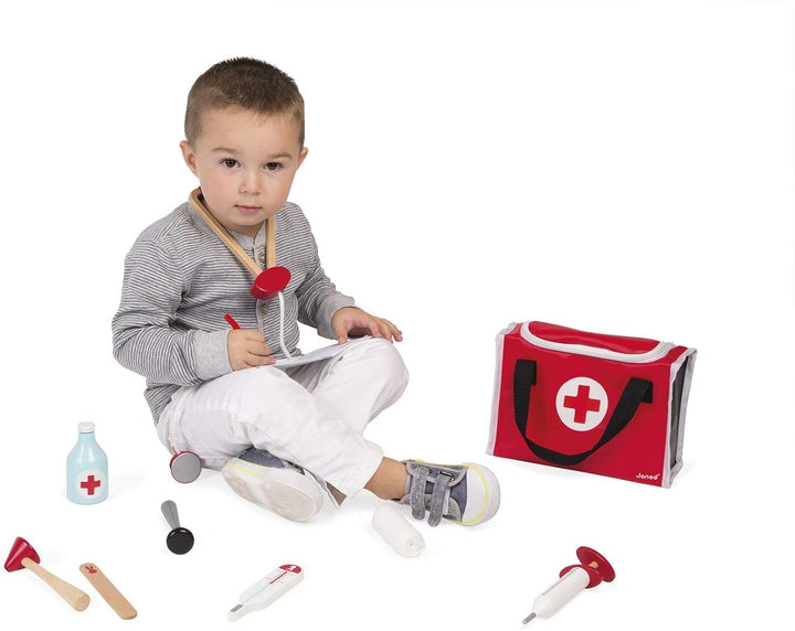 Janod - Arztkoffer - 10 Zubehörteile aus Massivholz enthalten - Imitationsspielzeug doktorkoffer - A