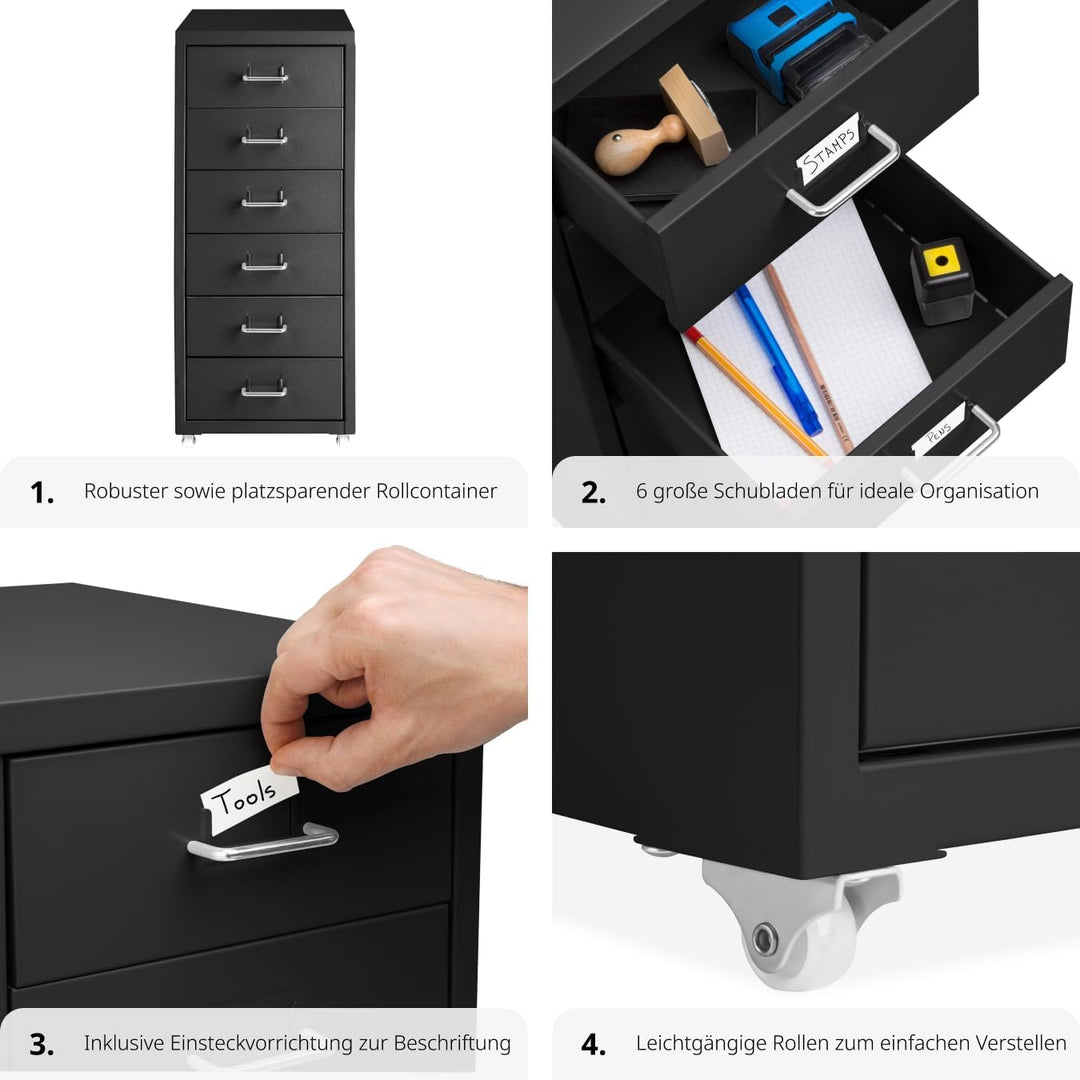 tectake® Metall Rollcontainer, Büromöbel für Schreibtisch, Büro Organizer mit 6 Schubladen, Schublad