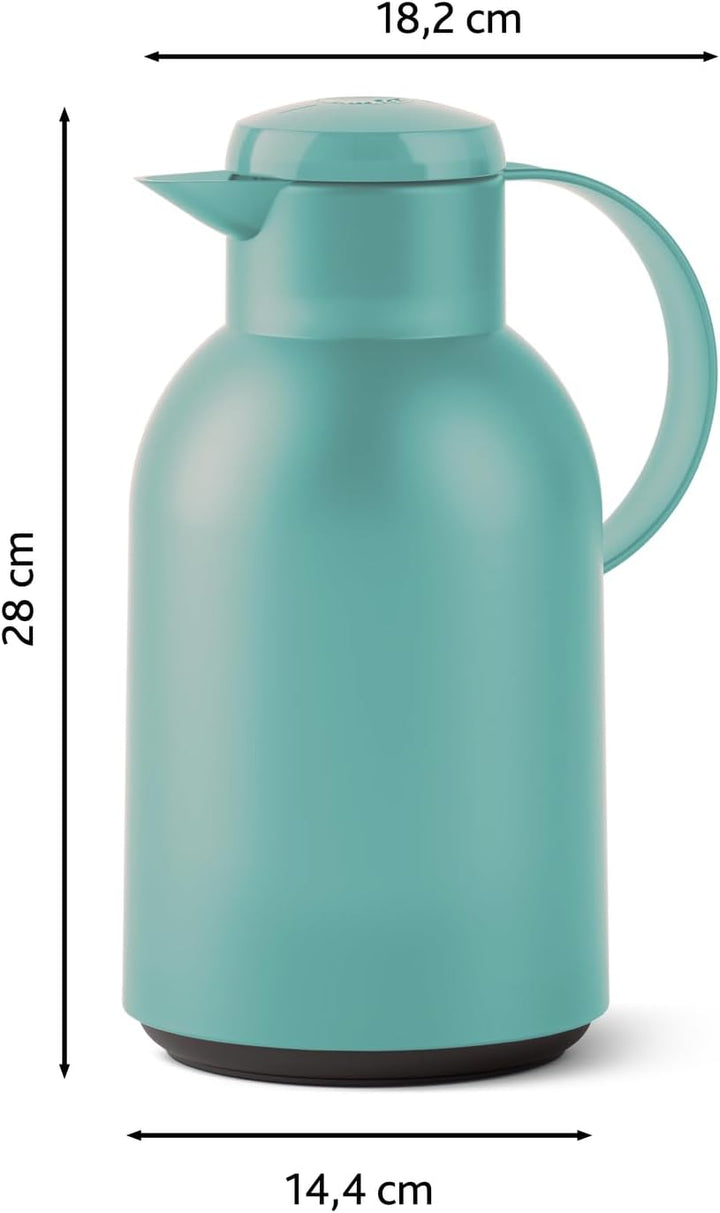 Emsa Samba Isolierkanne, 1,5 Liter Fassungsvermögen, Quick Press Verschluss, 100% dicht, 12h heiss u