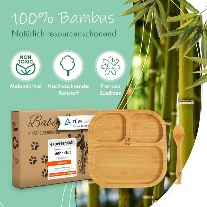 Babylovit Bambus Kinderteller | TÜV Geprüfter Baby Teller mit Saugnapf &amp; Esslernbesteck | BLW Beikos