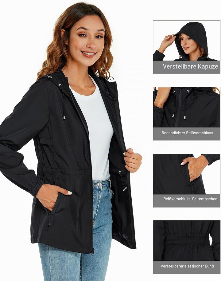 Rapbin Regenjacke Damen Wasserdicht Atmungsaktiv Leicht Outdoorjacke Windbreaker Packbare Regenmante