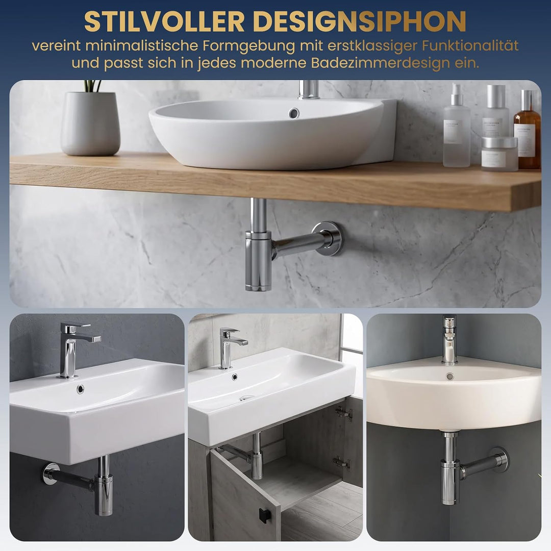 Wasserrhythm Universal Siphon mit Ablaufgarnitur für Waschbecken und Waschschalen mit Überlauf, Chro
