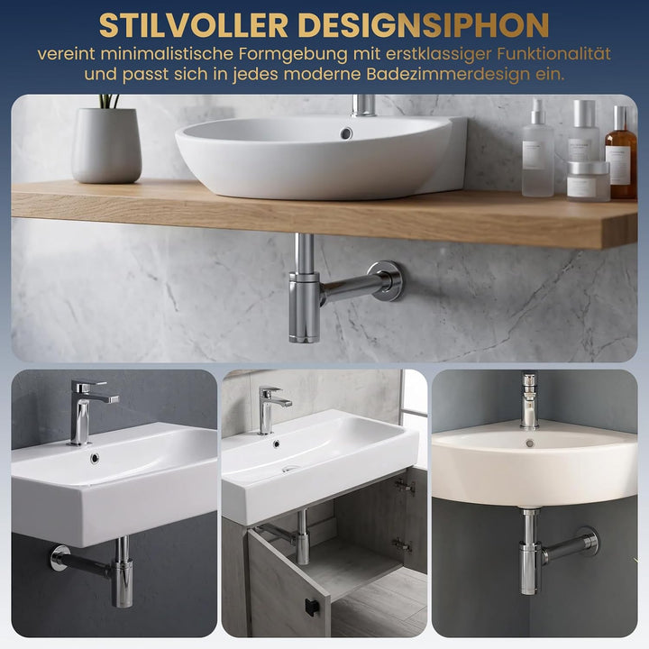 Wasserrhythm Universal Siphon mit Ablaufgarnitur für Waschbecken und Waschschalen mit Überlauf, Chro