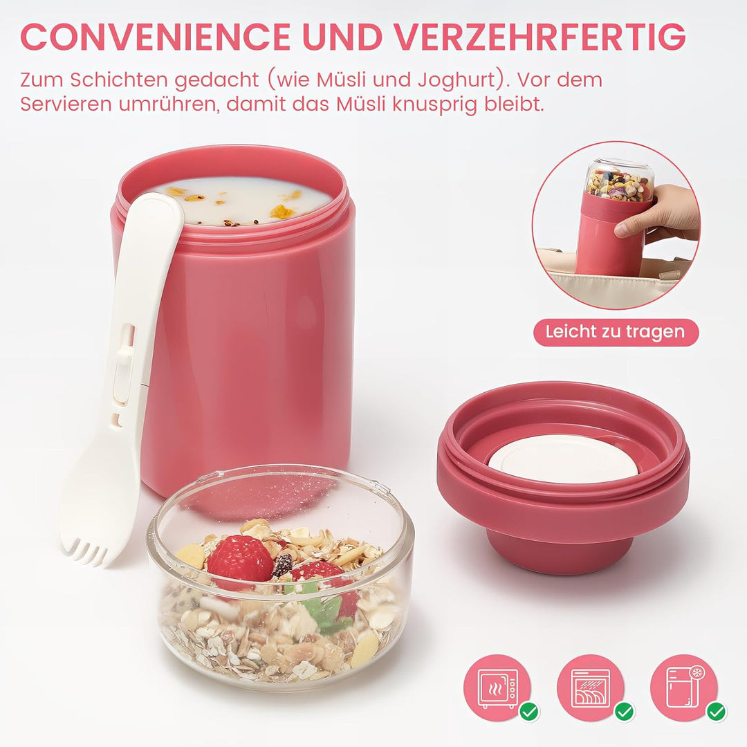 Bugucat Müslibecher to Go 520ML+250ML 2er,Praktischer Joghurtbecher mit Löffel, Auslaufsicher Müsli