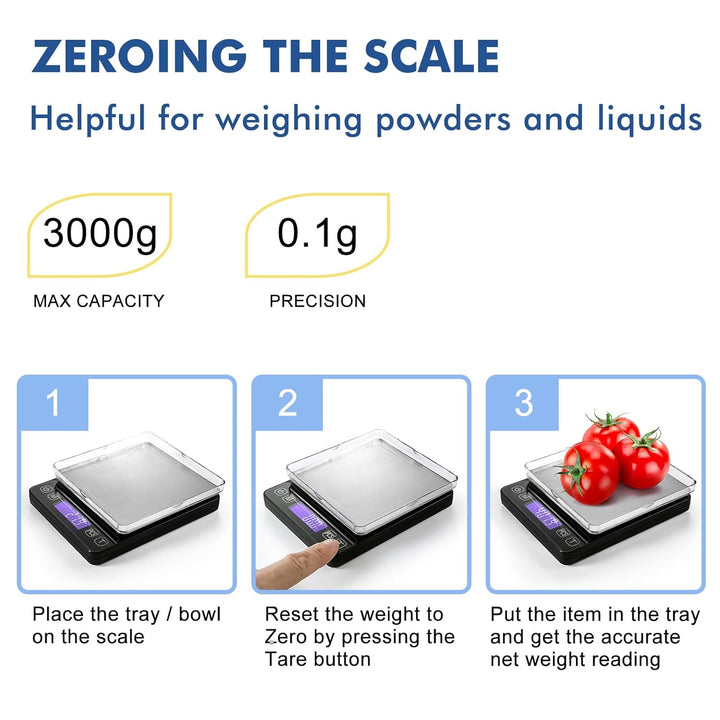 KitchenTour Digitale Küchenwaage – 3000g/0,1g Präzisionswaage mit 9 Einheiten (g/oz/ml/lb/lb:oz/gn/