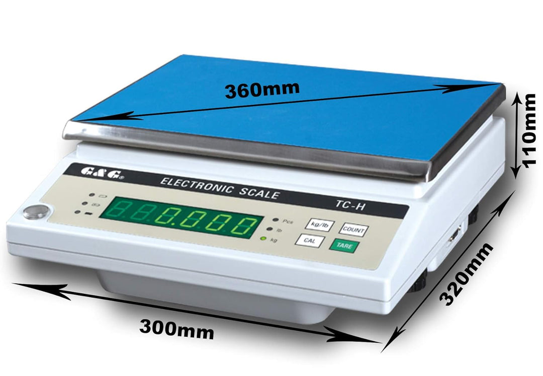 G&G TC-H Serie. Baureihe bis 30kg, ab 0,1g, 30x22 cm Wägefläche, interner Akku + 230V Stromversorgun