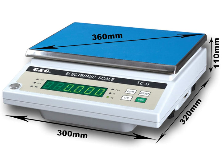 G&G TC-H Serie. Baureihe bis 30kg, ab 0,1g, 30x22 cm Wägefläche, interner Akku + 230V Stromversorgun