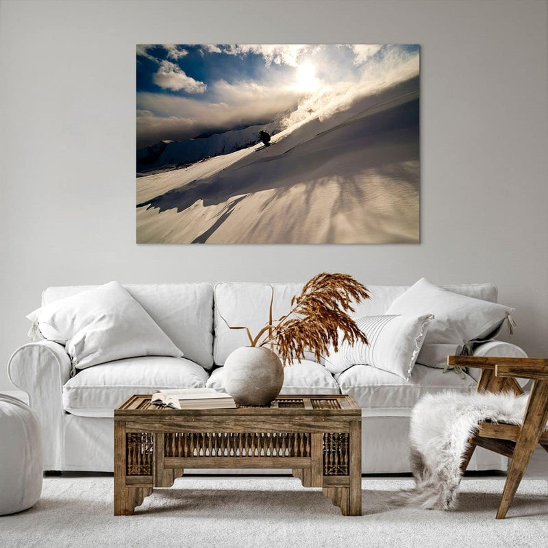 Bilder auf Leinwand 100x70cm Leinwandbild mit Rahmen Berge Ski Winter Gross Wanddeko Bild Schlafzimm