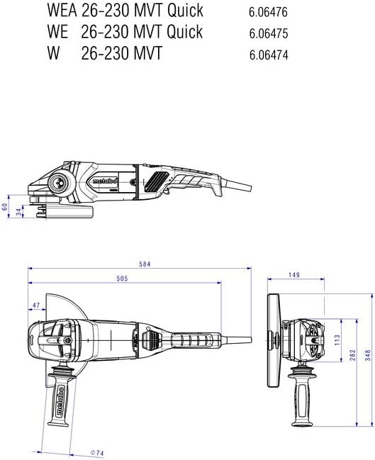 Metabo Winkelschleifer WE 26-230 MVT Quick (606475000) Karton, 2600 Watt, Scheiben-Ø: 230 mm, Leerla