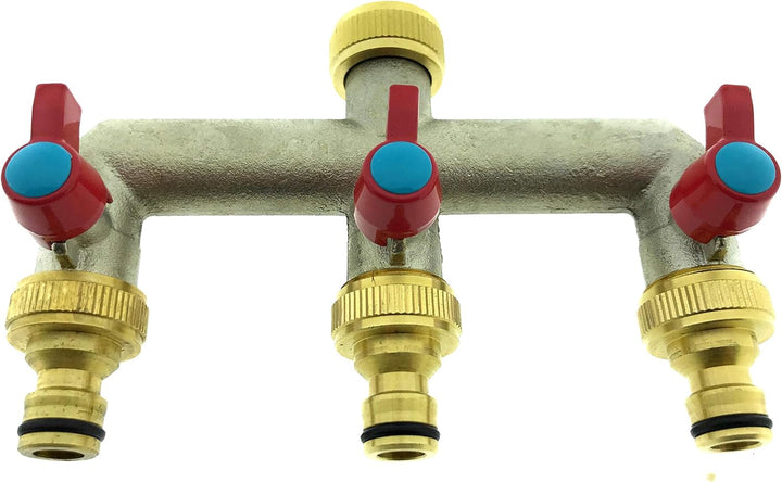 3-Wege Messing Wasserhahn Verteiler 3/4" Wasserverteiler 3er Gartenschlauch Adapter 1/2"