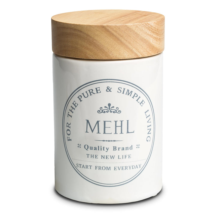 KHG Mehldose luftdicht, Mehl Aufbewahrung Keramik Steingut Weiss Holzdeckel Bambus, Kapazität 500g,