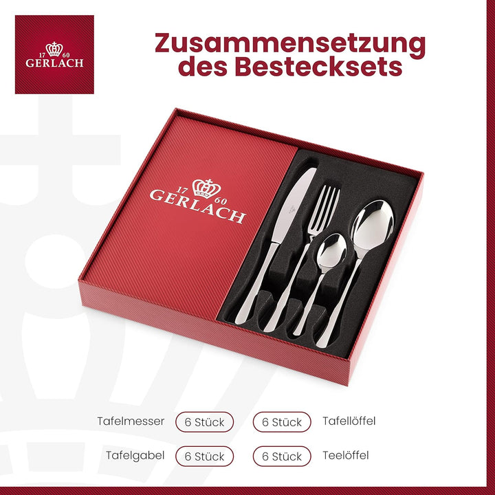 Gerlach Besteck-Set Glänzend Muza, Edelstahl, Silberglänzend, 24 EL. in Einer Schachtel Silberglänze