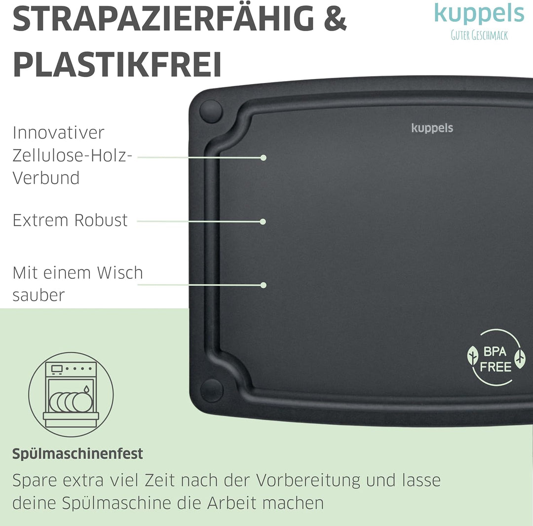 Kuppels NERO Holzfaser Schneidebrett ohne Plastik Gross, Küchenbrett mit Saftrille und Silikonfüssen